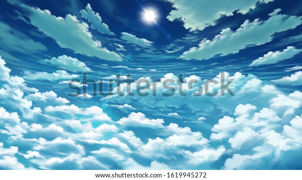 Dramatic Clouds Blue Sky Anime Background Stock Illustration