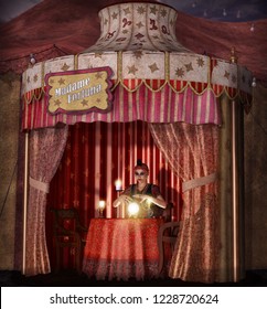 Dramatic concept of a mystic, female Gypsy fortune teller with a lighted crystal ball in her tent, realistic 3d render 