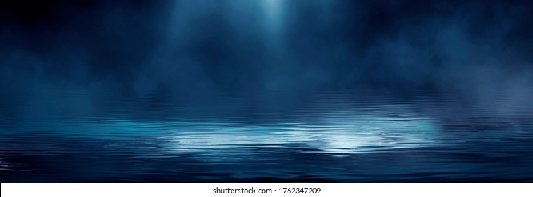 Dramatic Dark Background. Reflection Of Light On The Water. Smoke Fog, Rays, The Moon. Empty Night Scene, Landscape, River, Clouds. 3d Illustration