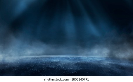 Dramatic Dark Background. Reflection Of Light On The Water. Smoke Fog, Rays, The Moon. Empty Night Scene, Landscape, River, Clouds. 3d Illustration