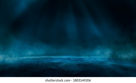 Dramatic dark background. Reflection of light on the water. Smoke Fog, rays, the moon. Empty night scene, landscape, river, clouds. 3d illustration