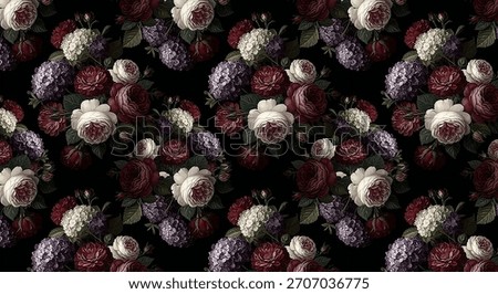 A dramatic dark floral seamless pattern featuring lush burgundy and white roses, purple hydrangeas, and deep green foliage against a black background. Ideal for vintage fabric, gothic wallpaper, or