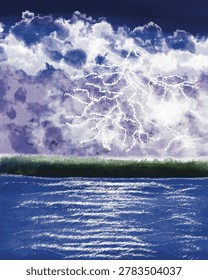 A dramatic digital painting of a violent electrical storm featuring a massive white lightning bolt branching across heavy purple and blue clouds above a choppy ocean.
