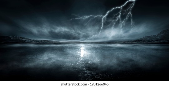 Dramatic empty nature background with lightning and thunderstorm. Dark night landscape view during a thunderstorm. Flashing lightning. Reflection of neon light on water. Fantasy abstract landscape. 3d