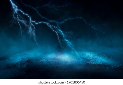 Dramatic Empty Nature Background With Lightning And Thunderstorm. Dark Night Landscape View During A Thunderstorm. Flashing Lightning. Reflection Of Neon Light On Water. Fantasy Abstract Landscape. 3d