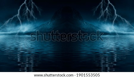 Dramatic empty nature background with lightning and thunderstorm. Dark night landscape view during a thunderstorm. Flashing lightning. Reflection of neon light on water. Fantasy abstract landscape. 3d