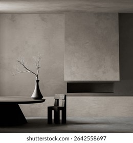 A dramatic expression of brutalist design, where stark forms and raw surfaces meet in a sculptural dining space that honors material and form. 3D illustration