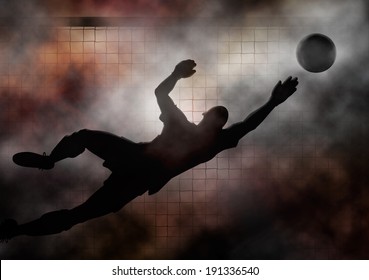 Dramatic illustration of a soccer goalkeeper diving to save a shot - Powered by Shutterstock