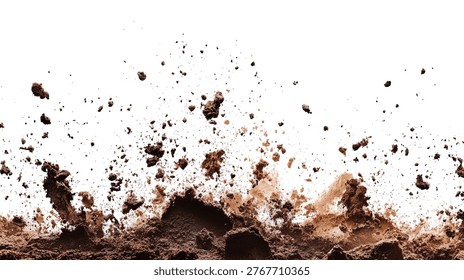 A dramatic image capturing the raw power of an explosion, with chunks of soil and earth propelled upwards against a stark white background.