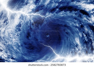 A dramatic image of a swirling storm with lightning. The storm's eye is visible, surrounded by dark clouds. Lightning illuminates the stormy scene, adding intensity.