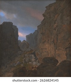 Dramatic landscape with towering cliffs and rocky terrain. Figures and animals traverse the rugged path under a moody sky. Vintage nature painting, old nature illustration.