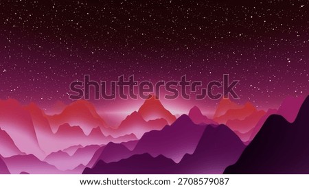 Dramatic layered mountain silhouettes in pink purple gradient with glowing horizon and starry sky, abstract retro aesthetic landscape background
