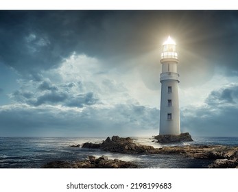 Dramatic Lighthouse Lit Up On Rocks, Cliffs, Lighthouse Architecture, Moody Scene