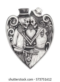 Dramatic Love Skull. Hand pencil drawing on paper.