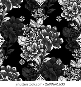 A dramatic, monochromatic floral pattern featuring lush, detailed blooms and foliage against a deep black background, evoking a vintage, opulent aesthetic.