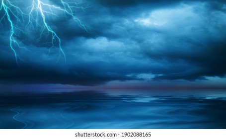 Dramatic nature background. Dark night view of the city during a thunderstorm. Flashing lightning. Reflection of light on the asphalt. 3d illustration