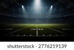 Dramatic night view of an empty American football field under stadium lights, 3d rendering
