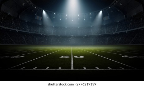 Dramatic night view of an empty American football field under stadium lights, 3d rendering