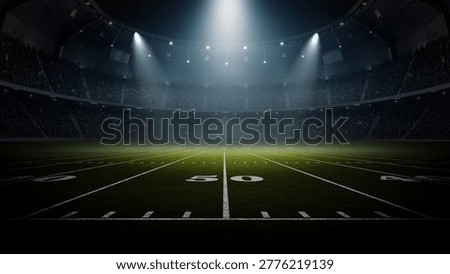Dramatic night view of an empty American football field under stadium lights, 3d rendering