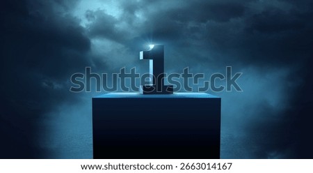 Dramatic Number One on Podium Under Spotlight with Stormy Sky Background, 3d rendering