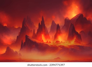 A dramatic painting of hell, with fire clouds in sunset sky and scary landscape