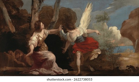 A dramatic painting of two figures in a forest setting, with one figure appearing to be an angel. The scene conveys movement and emotion in a natural landscape. Vintage angel illustration artwork.