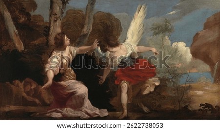 A dramatic painting of two figures in a forest setting, with one figure appearing to be an angel. The scene conveys movement and emotion in a natural landscape. Vintage angel illustration artwork.