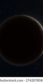 Dramatic planet with rocky surface and glowing rim light in starry outer space, cinematic sci-fi scene.