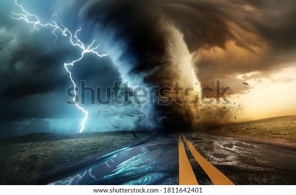 A dramatic and powerful tornado\
and supercell thunder storm passing through some isolated\
countryside at sunset. Mixed media landscape weather 3d\
illustration.