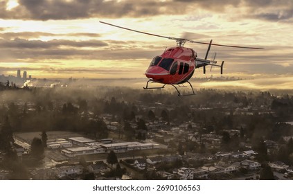 Dramatic red helicopter flies over a suburban landscape at sunrise; 3d Rendering Helicopter. Background Image from Vancouver, British Columbia, Canada