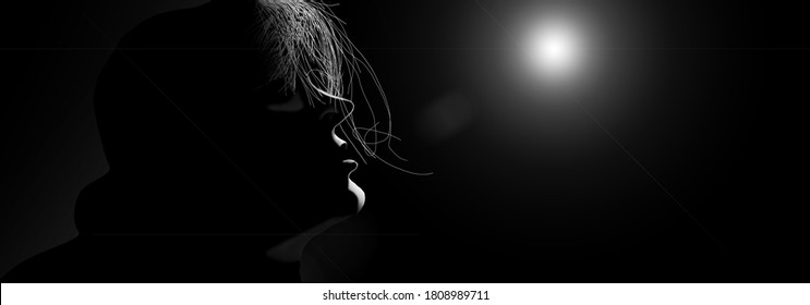 Dramatic Rim Light Highlights A Messy Hairdo In This Drawing Of A Young Woman In Black And White.