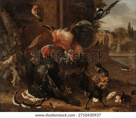 Dramatic rooster and turkey fight, rooster and turkey clash in a lively barnyard scene. Rooster and turkey action. Vintage landscape artwork, old landscape painting illustration.