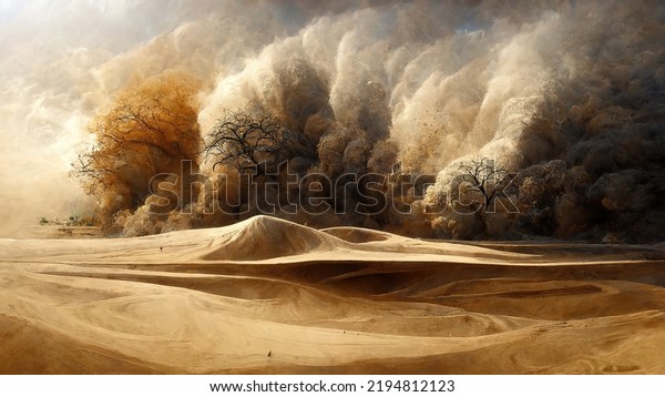 Dramatic sand storm in the desert, background,\
digital art