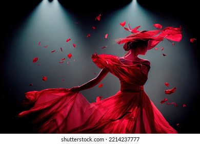 Dramatic Scene Of A Flamenco Dancer In A Red Dress With Stage Lights. Red Roses In The Air Falling. Dynamic Dancing Movement With Skirt In Motion. Artistic Expression In A Solo Dance Performance.