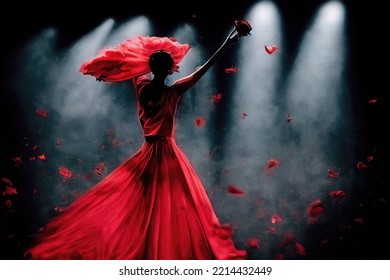 Dramatic Scene Of A Flamenco Dancer In A Red Dress With Stage Lights. Red Roses In The Air Falling. Dynamic Dancing Movement With Skirt In Motion. Artistic Expression In A Solo Dance Performance.