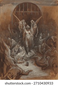 Dramatic scene of liberation, chains breaking, freedom depicted vividly. Artwork by Gustave Dore. Liberation, chains, freedom. Vintage artwork by Gustave Dore, famous artist. Famous art illustration.