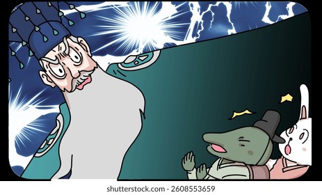 A dramatic scene showing the Korean thunder god confronting characters from folklore.