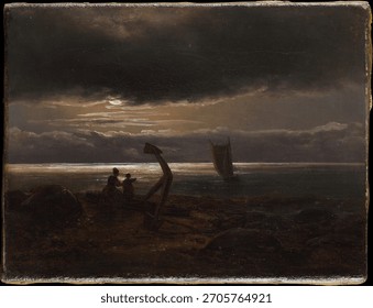 Dramatic seascape at dusk. Dark clouds, seascape with boat. Seascape evokes mystery, drama, and serene beauty. Vintage landscape artwork, old landscape painting illustration.