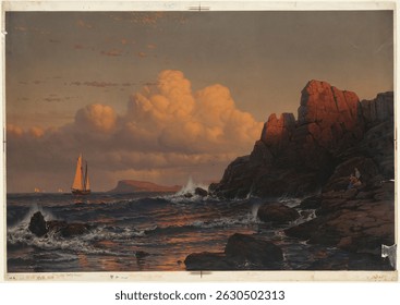 Dramatic seascape with rocky cliffs, waves crashing, and a sailboat at sunset. Clouds illuminate the sky, enhancing the coastal, nautical atmosphere. Vintage artwork, vintage art illustration.