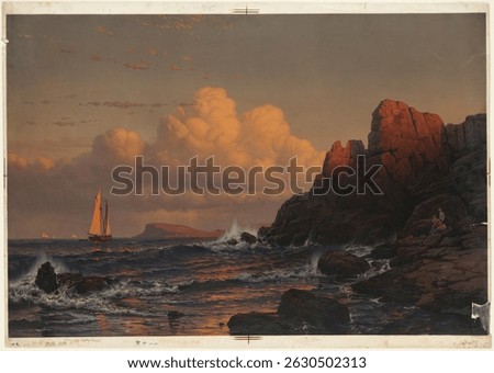Dramatic seascape with rocky cliffs, waves crashing, and a sailboat at sunset. Clouds illuminate the sky, enhancing the coastal, nautical atmosphere. Vintage artwork, vintage art illustration.