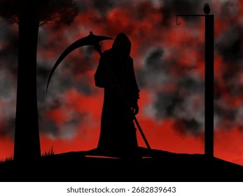 Dramatic silhouette of the Grim Reaper holding a scythe against a blood-red sky. Dark and gothic digital art perfect for horror and metal album covers.