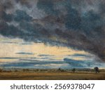Dramatic sky with dark clouds, dramatic clouds forming over a vast landscape, creating a dramatic and moody atmosphere in the sky. Vintage drawing illustration, painting art print.