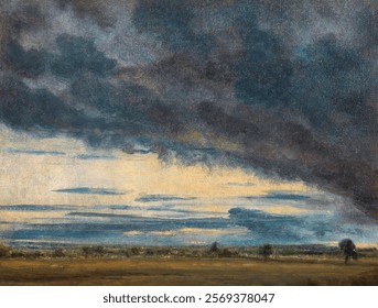 Dramatic sky with dark clouds, dramatic clouds forming over a vast landscape, creating a dramatic and moody atmosphere in the sky. Vintage drawing illustration, painting art print.