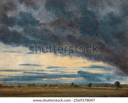 Dramatic sky with dark clouds, dramatic clouds forming over a vast landscape, creating a dramatic and moody atmosphere in the sky. Vintage drawing illustration, painting art print.