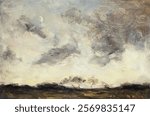 Dramatic sky with swirling clouds, swirling clouds in a moody sky, and a moody sky with dramatic swirling clouds over a dark landscape. Vintage drawing illustration, painting art print.