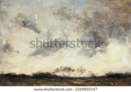 Dramatic sky with swirling clouds, swirling clouds in a moody sky, and a moody sky with dramatic swirling clouds over a dark landscape. Vintage drawing illustration, painting art print.