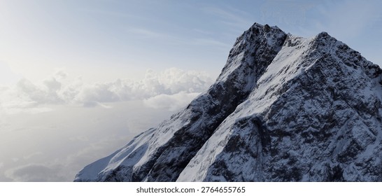 Dramatic snow-covered mountain peak rising above clouds at sunrise, evoking solitude and grandeur — 3d Rendering