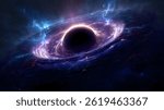Dramatic space art features a black hole surrounded by swirling cosmic clouds in vibrant shades of violet, blue, and white light.