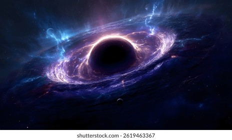 Dramatic space art features a black hole surrounded by swirling cosmic clouds in vibrant shades of violet, blue, and white light.