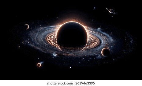 A dramatic space scene features a large black hole surrounded by swirling galaxies, planets, and distant stars. The dark void captivates viewers.